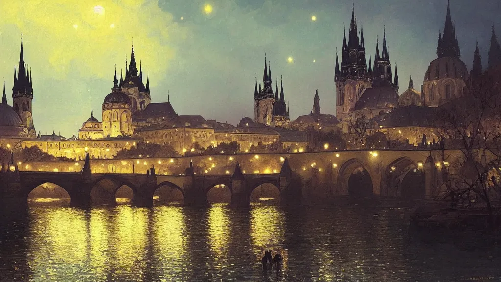 Prompt: a beautiful painting of a view from the river of a arabian prague cathedral palaces, at night with a sky full of stars, intricate, elegant, highly detailed, digital painting, artstation, concept art, by krenz cushart and artem demura and alphonse mucha