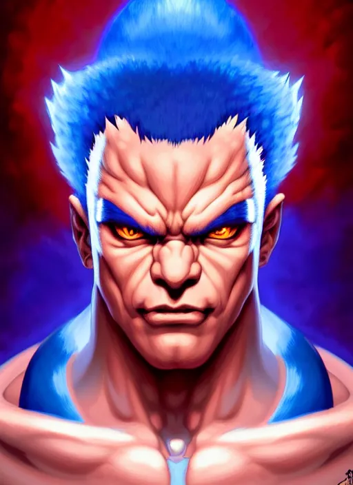 Image similar to symmetry!! portrait of blue akuma, street fighter, global illumination!! intricate, elegant, highly detailed, digital painting, artstation, concept art, smooth, sharp focus, illustration, art by artgerm and greg rutkowski and alphonse mucha