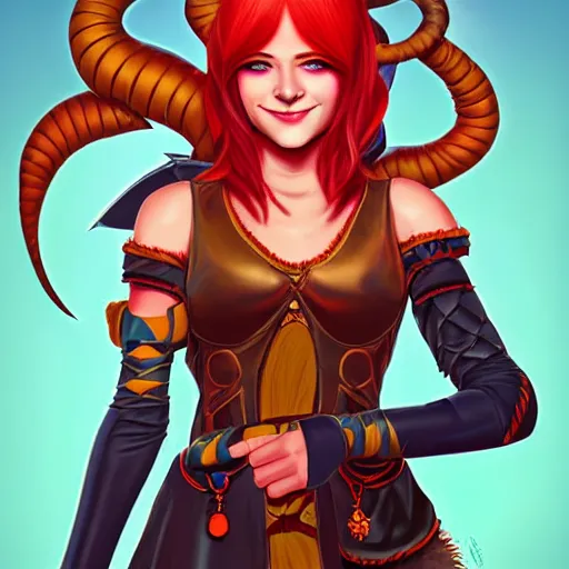 Image similar to illustrated portrait of youthful female feminine horned tiefling female bard with long blue bob cut hairstyle, her skin is orange and tanned, and her eyes are pure black orbs, and she is wearing colorful leather armor by rossdraws,