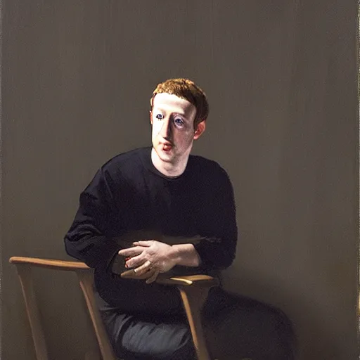 Image similar to mark zuckerberg alone sitting on a chair in the dark, paint by caravaggio, chiaroscuro