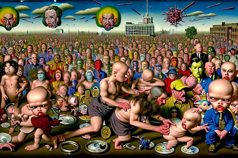 Image similar to a sparsely populated strange battle in an old hospital between old people and babies Robert Williams Mark Ryden and Alex Gross, Todd Schorr highly detailed deep perspective perfect composition