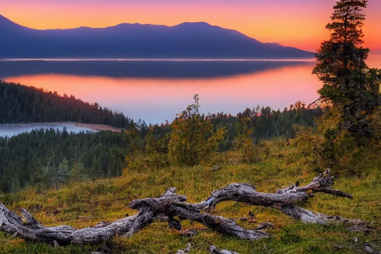 Image similar to landscape of mountains with lake and a dead tree in the foreground , sunset