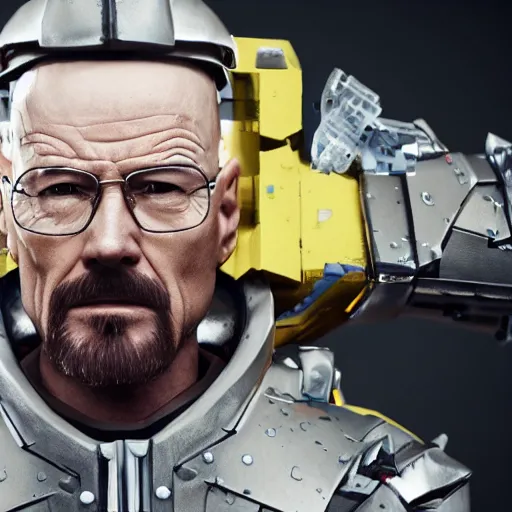 Image similar to Walter White in cybernetic battle armour, 4k octane render, highly detailed