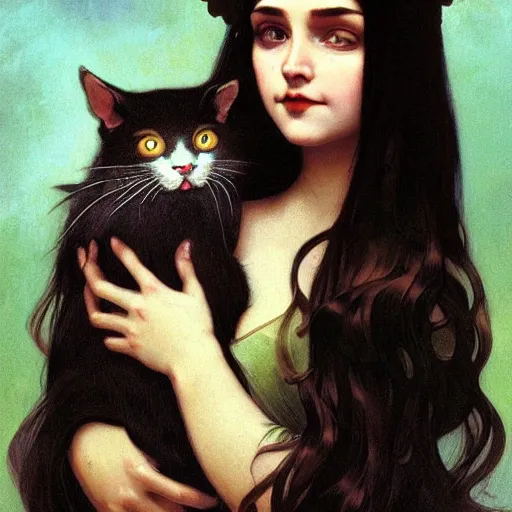 Prompt: cute baby - faced goth girl with long dark hair parted sideways thick eyebrows and dark eyes wide nose, big eyes, medium mouth, she is holding a cat in her arms, by juan villafuerte, greg rutkowski and alphonse mucha, pexels contest winner, high quality photo, rtx, hd