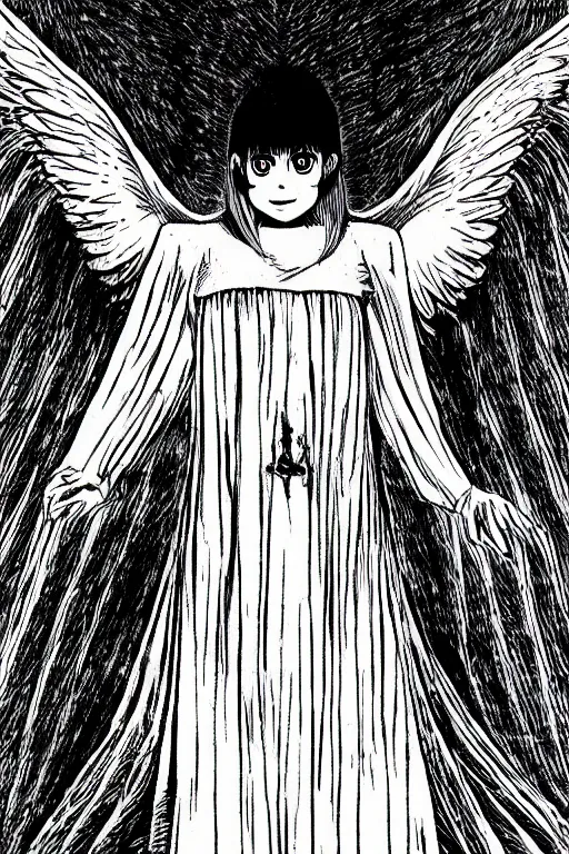 Prompt: angel of death smiling in the dark night, junji ito,