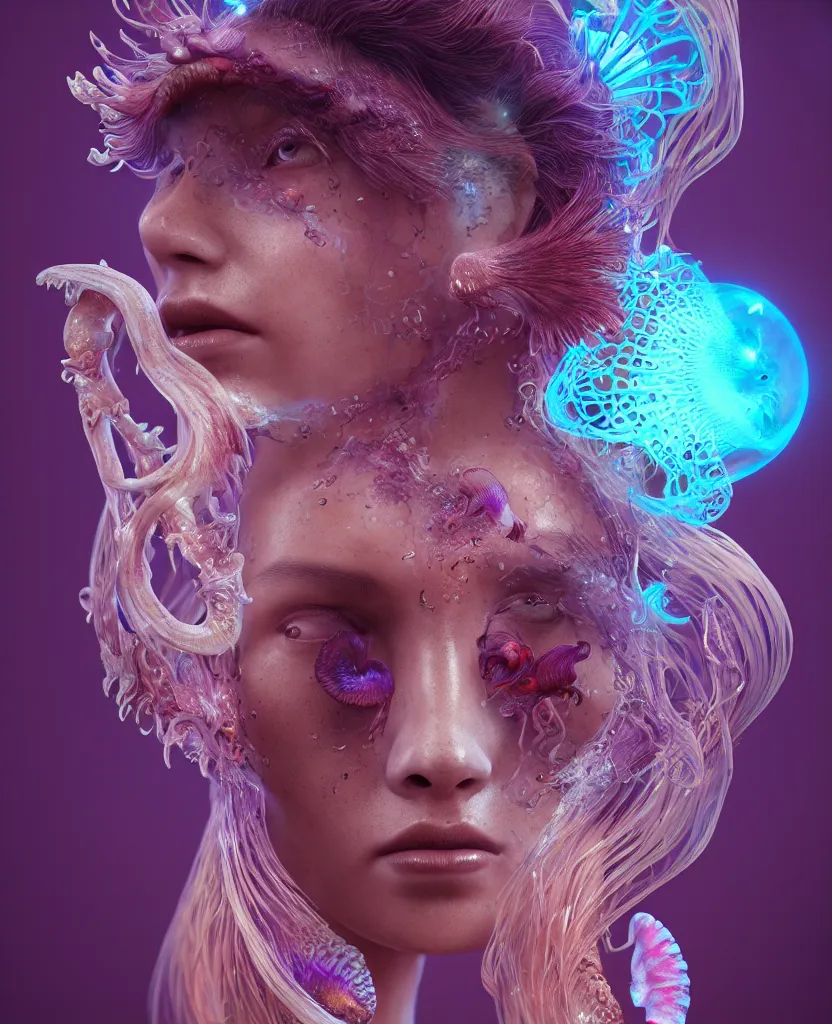 Image similar to goddess close-up face portrait. chimera orchid jellyfish phoenix head, nautilus, skull, betta fish, bioluminiscent creatures, intricate artwork by Tooth Wu and wlop and beeple. octane render, trending on artstation, greg rutkowski very coherent symmetrical artwork. cinematic, hyper realism, high detail, octane render, 8k