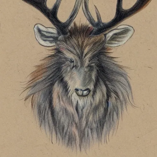 Prompt: professional vintage, detailed, colored sketch of a fuzzy creature with antlers, full descriptions, on parchment, 8K, HD