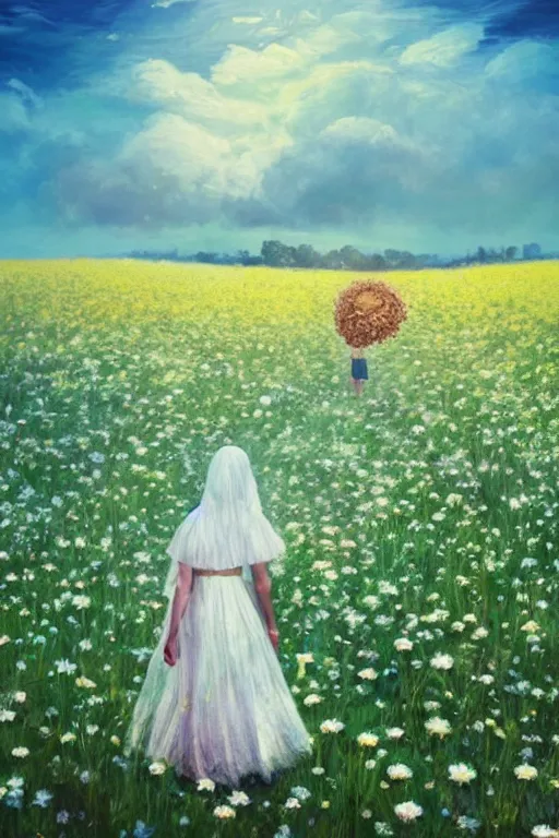 Prompt: giant white daisy flower head, girl with veil walking in a flower field, surreal photography, sunrise, dramatic light, impressionist painting, colorful clouds, digital painting, artstation, simon stalenhag