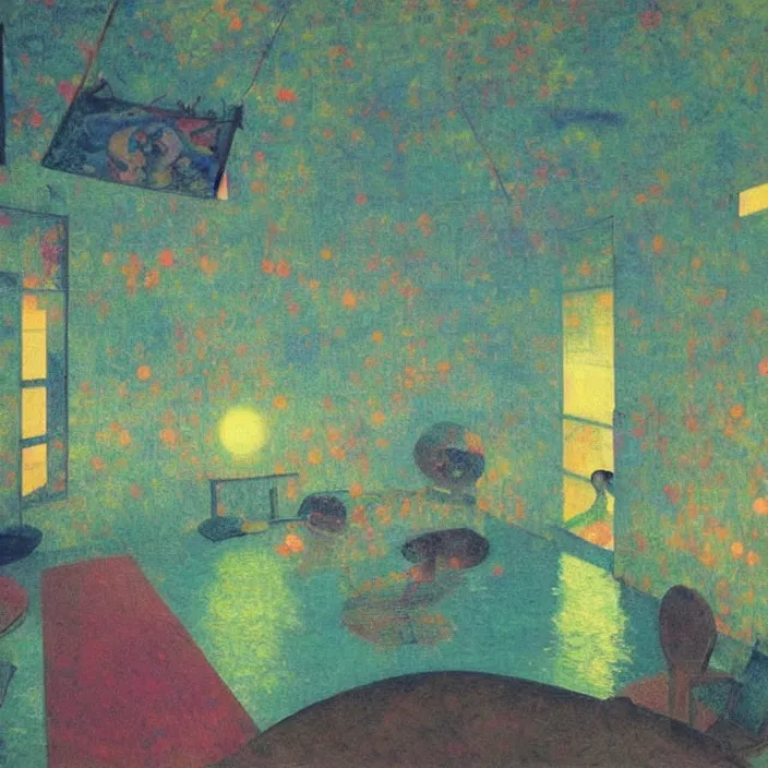 Image similar to interior of a house flooded. aurora borealis. iridescent, psychedelic colors. painting by balthus, agnes pelton, utamaro, monet