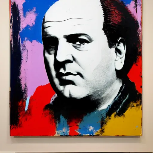 Image similar to painting of Tony soprano in the style of Andy Warhol hung on the wall of a modern art gallery, huge atrium lots of natural light, spectators looking at the painting