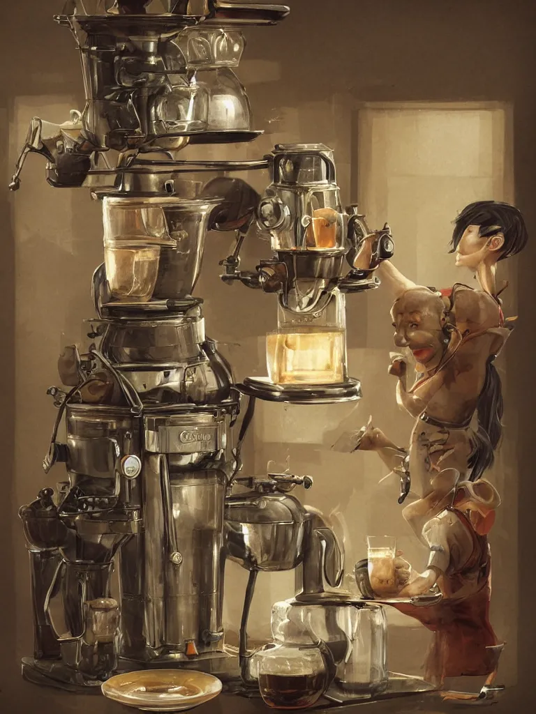 Image similar to illustration of an ancient coffee machine, by Simon Stalenhaag, by Yoshita Amano, by Esao Andrews, sharp focus, fresh colors, conceptart, trending on artstation