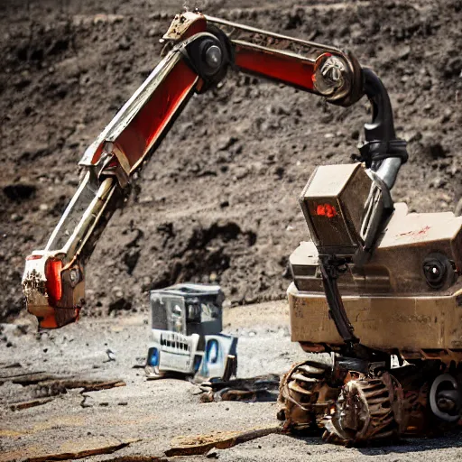 Image similar to giant scary treaded mining automated machine robot with drill, mining scrap metal, highly detailed body, retro, industrial, dark, dystopian, apocalyptic, clean, 8 5 mm f / 1. 4