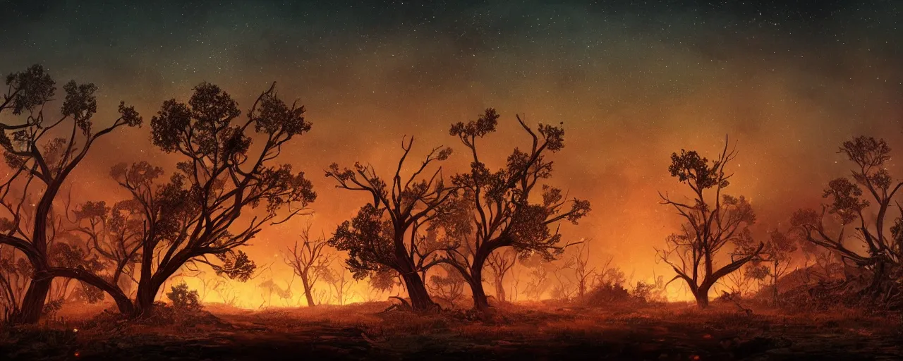 Image similar to ” barren landscape with dead trees at night, [ cosmic, cinematic, detailed, epic, widescreen, opening, establishing, mattepainting, photorealistic, realistic textures, octane render, art by slop and paul lehr ] ”