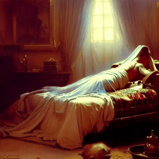 Prompt: the pope laying down in his bed, terrified, because a double horned shadow demon is in the bedroom, approaching his bed. highly detailed painting by gaston bussiere, greg rutkowski, craig mullins 8 k
