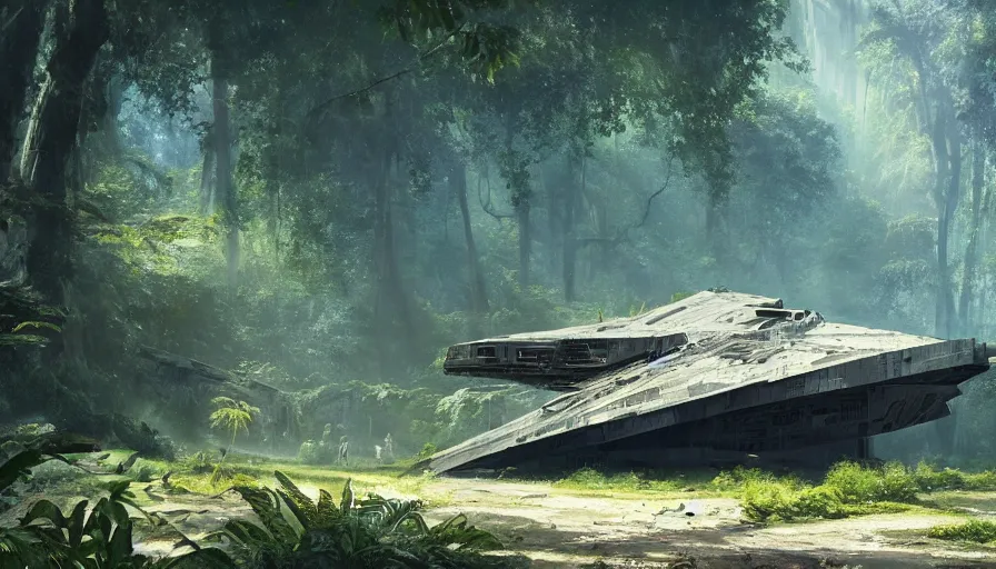 Image similar to a beautiful painting of a crashed star destroyer ione drive in a lush jungle, ray traced lighting by kalin popov and greg rutkowski