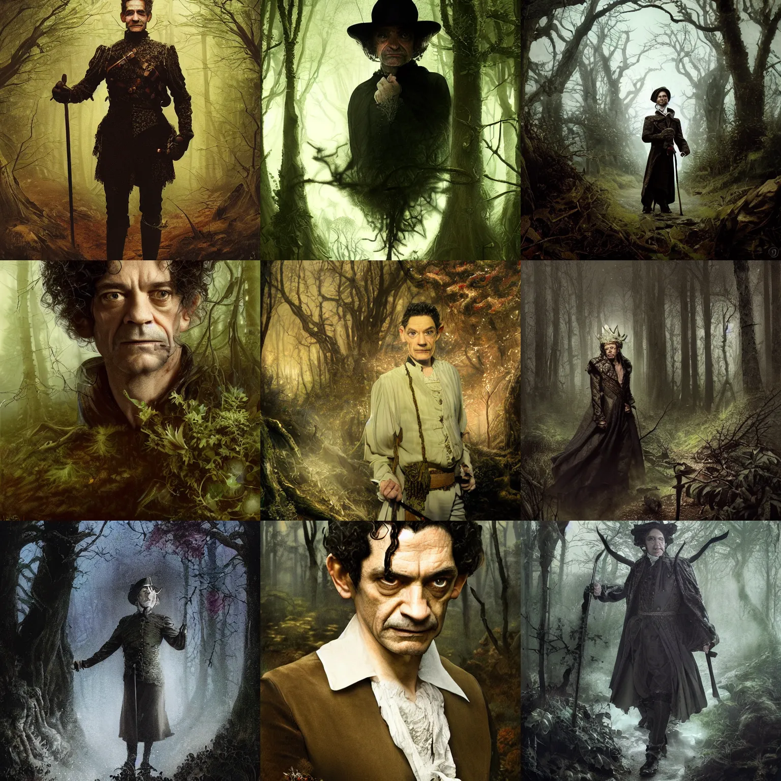 Prompt: portrait of mournful, dangerous, mysterious James Frain's Cromwell as a king of the fairy forrest. The background is a dark, creepy eastern europen forrest. night, horroristic shadows, high contrasts, photorealistic, detailed, lumnious, theatrical, character concept art by ruan jia, thomas kinkade, and J.Dickenson, trending on Pinterest