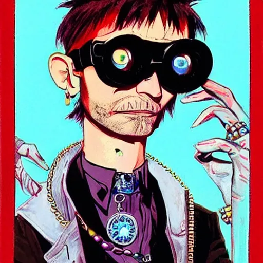 Image similar to a eccentric goth guy wearing goggles and eclectic jewelry, small details, aesthetic!!!, by jamie hewlett, jamie hewlett art,