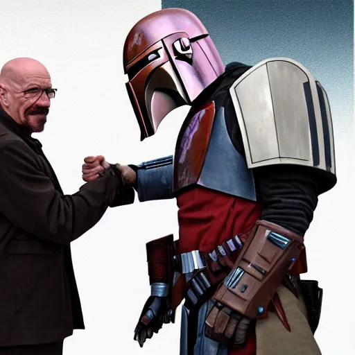 Prompt: walter white shaking hands with the mandalorian, dramatic digital art