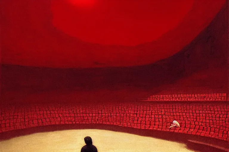 Image similar to only with red, a red great emperor, taormina amphitheatre, expressive crowd hails him, in the style of beksinski, parts by edward hopper, parts by rodcenko, parts by yue minjun, intricate and epic composition, red by caravaggio, insanely quality, highly detailed, masterpiece, red light, artstation, 4 k