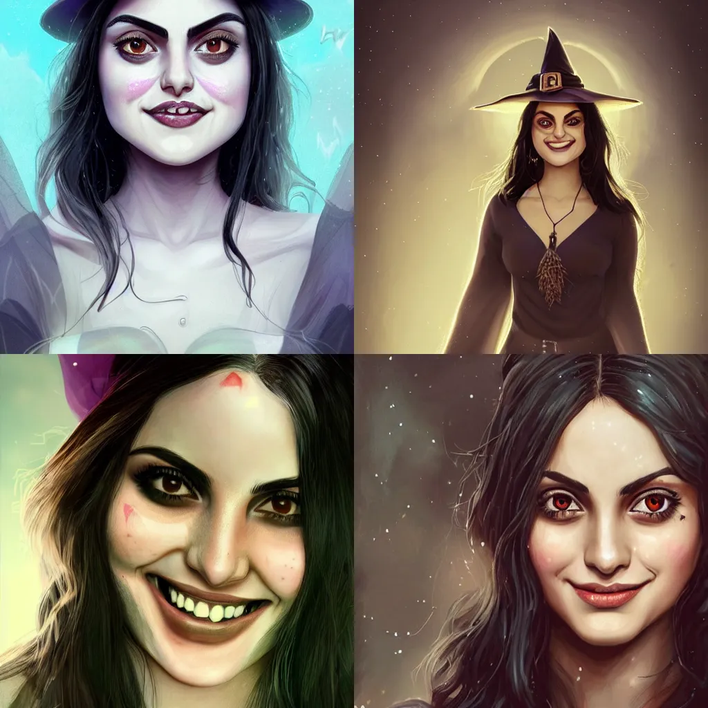 Prompt: female beautiful Camila Mendes, as a pretty witch, fun smile, pale face, symmetrical face, slender, realistic character concept, medium shot, fun pose, illustration, artstation, cinematic lighting, hyperdetailed, cgsociety, 8k, high resolution, insanely detailed and intricate, beautiful