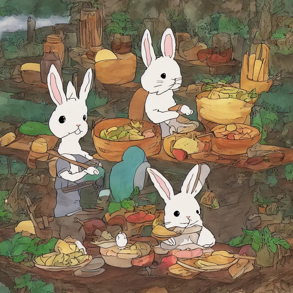 Image similar to a rabbit cooking in the style of studio ghibli