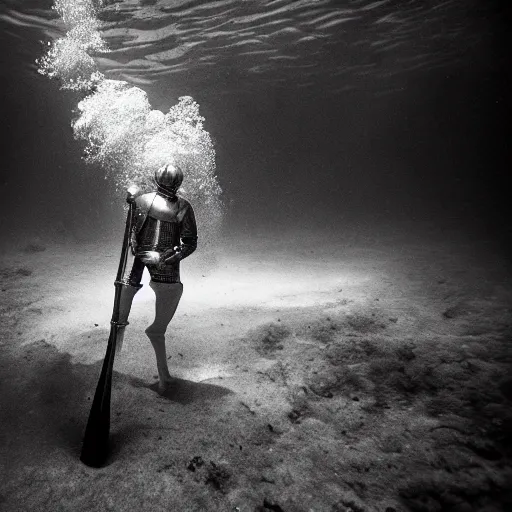 Image similar to Underwater photo of a medieval knight by Trent Parke, clean, detailed, Magnum photos