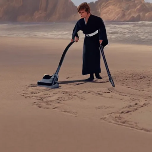 Image similar to anakin skywalker vacuuming the beach for sand, 4k, photorealistic,