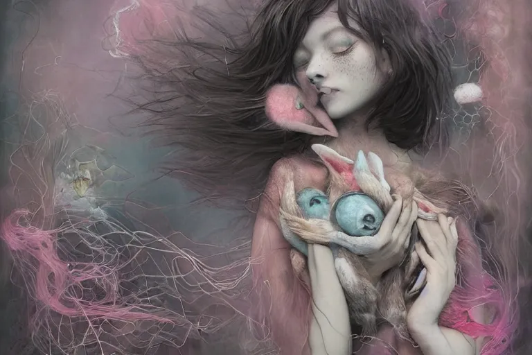 Prompt: Keeping you sane And you fade away just enough, You felt the edge again, You took two pills And you fell asleep, Hugging six rabbits, And having pink nightmares, concept art, trade on artstation, sharp focus, psychedelic, by Yoshitaka Amano, Mark Ryden, Gloom, Peter Mohrbacher, fantasy art, masterpiece, Hyperrealism. Subsurface scattering. Octane Render. Weirdcore