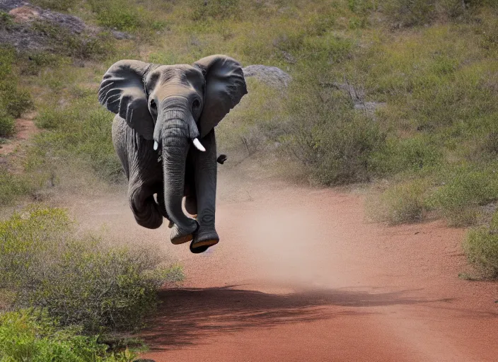 Image similar to dslr photo still of an elephant jumping from a mountain, 4 k, 1 2 0 mm f 1 6