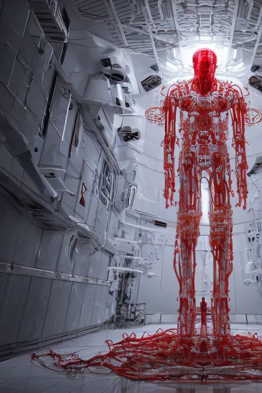 Image similar to white space station interior, white cross on background, a statue jesus on cross made of red marble, perfect symmetrical body, full body shot, inflateble shapes, wires, tubes, veins, jellyfish, white biomechanical details, wearing epic bionic cyborg implants, masterpiece, intricate, biopunk, vogue, highly detailed, artstation, concept art, cyberpunk, octane render