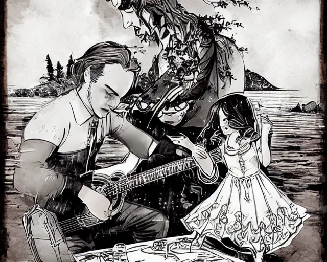 Image similar to the lady of the lake giving frank dillane a guitar, fantasy, by brian kesinger, detailed