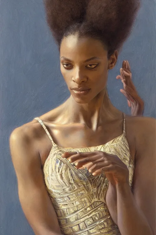 Image similar to portrait of a gorgeous graceful nubian prima ballerina, by donato giancola and berthold woltze.