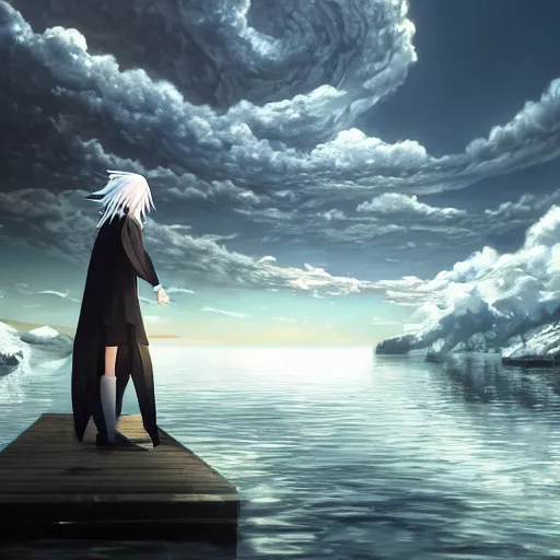 Image similar to a long white haired anime character holding out his hand in front of a body of water, a screenshot by michelangelo, deviantart contest winner, vanitas, official art, unreal engine 5, unreal engine. tetsuya nomura. ray tracing hdr. 8 k. uhd. sharp focus. highly detailed. masterpiece. anime render. cinematic lighting. lifelike.