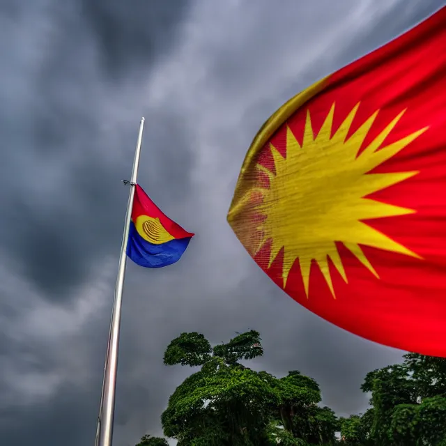 Image similar to photo of a malaysian flag raised on a flag pole on the malaysian national day, highly detailed, 8 k, hdr smooth, sharp focus, high resolution, award - winning photo, dslr, 5 0 mm