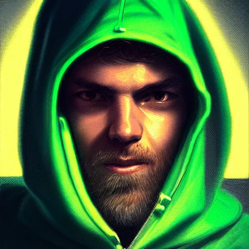 Prompt: portrait of a programmer with green hood by greg rutkowski, neon light, close up