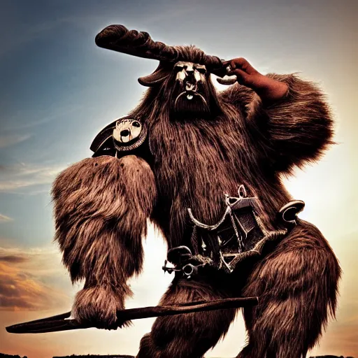 Prompt: photography of a giant hairy beast full body warrior with a ram head holding a wooden staff raised, toned muscles, intricate face details, steampunk vibes