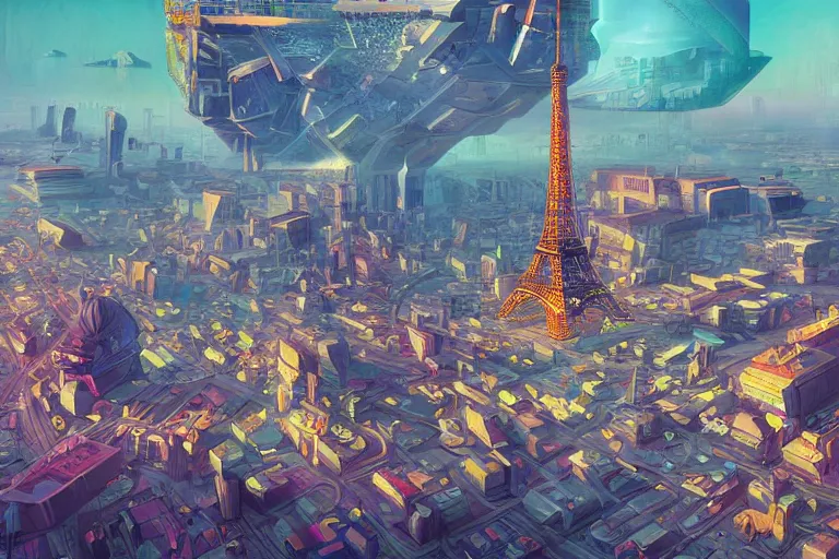 Prompt: futuristic city of paris, illustration painting, intricate, detailed illustration, hd, digital art, overdetailed art, concept art, complementing colors, detailed, illustration painting by leonardo da vinci, digital art, overdetailed art, concept art, complementing colors rendered by beeple, syd meade,
