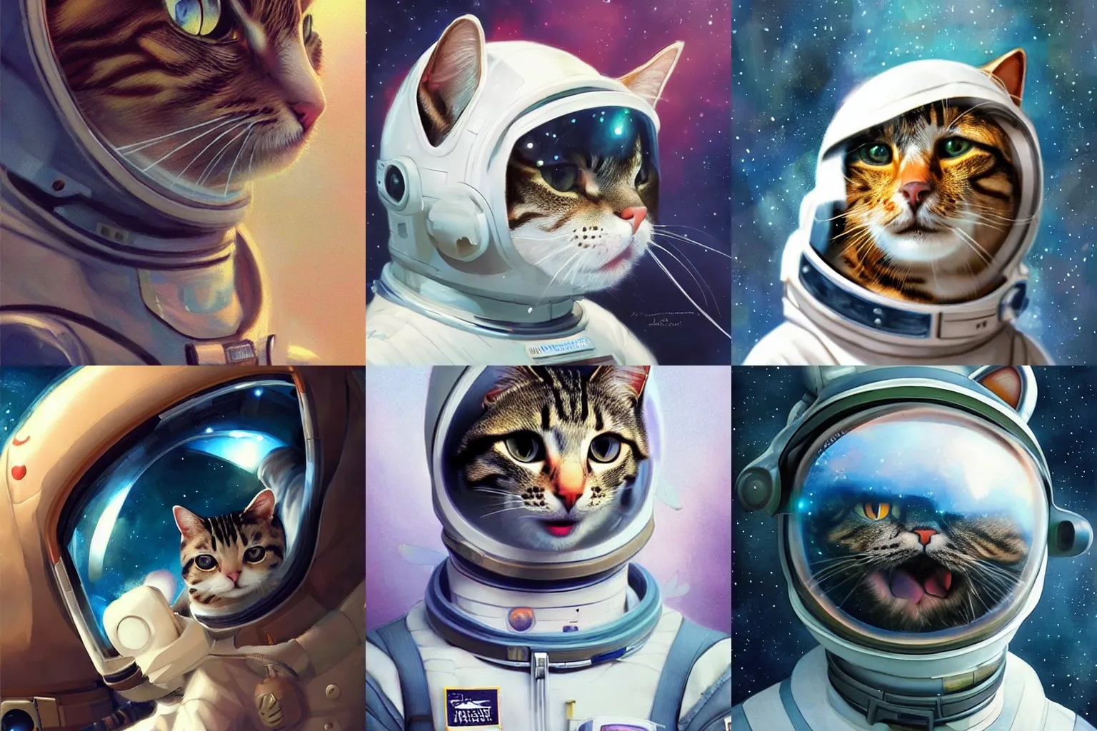 Prompt: head and shoulders masterpiece portrait of a cat wearing a spacesuit, surreal background, digital art by Krenz Cushart, trending on artstation, cgsociety,