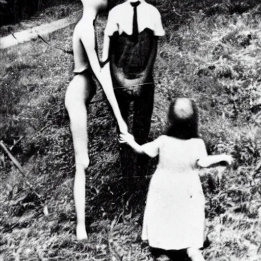 Image similar to a higly detailed album of scared children from running slenderman from the 1940s, creepy, unsettling, bad quality, cursed image