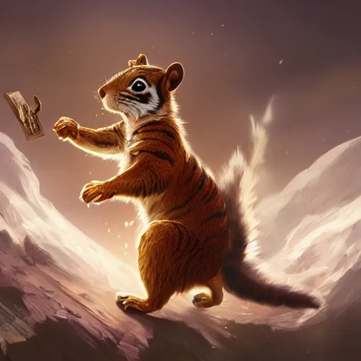 Image similar to Squirrel/tiger, biting, ferocious, angry, magic the gathering artwork, D&D, fantasy, cinematic lighting, centered, symmetrical, highly detailed, digital painting, artstation, concept art, smooth, sharp focus, illustration, volumetric lighting, epic Composition, 8k, art by Akihiko Yoshida and Greg Rutkowski and Craig Mullins, oil painting, cgsociety