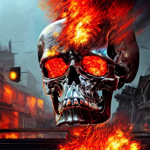 Prompt: terminator skull on flaming town background, acrilic paint, digital, artstation, detailed intricate ink illustration, heavenly atmosphere, digital art, overdetailed art, concept art, complementing colors, trending on artstation, cgstudio, the most beautiful image ever created, dramatic, subtle, details, award winning artwork, beautiful scenery