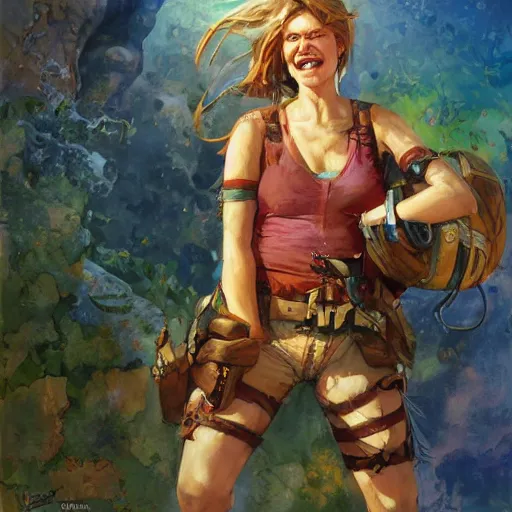 Prompt: happy female adventurer, by jon foster.