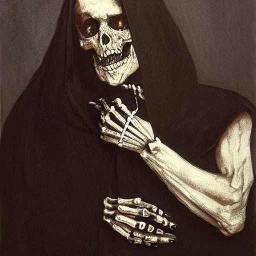 Prompt: portrait of death with hand extended, extreme hand detail, deep black robe, skeleton hand, by Maurice Sendak and Ilya Repin, artstation