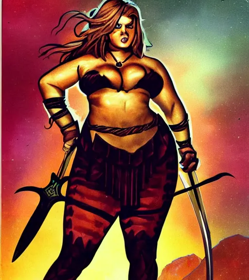 Image similar to 1 9 8 0 s fantasy novel book cover, bbw plus size amazonian emma stone in extremely tight bikini armor wielding a cartoonishly large sword, exaggerated body features, dark and smoky background, low quality print