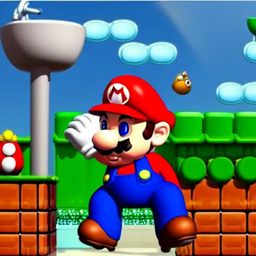 Image similar to super mario using a plunger to unclog a toilet