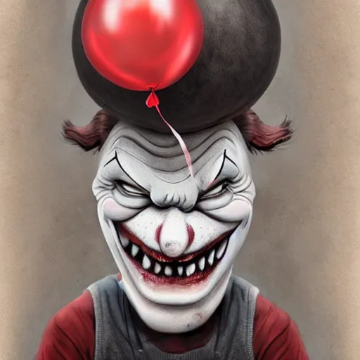 Image similar to surrealism grunge cartoon portrait sketch of the chunky with a wide smile and a red balloon by - michael karcz, loony toons style, pennywise style, horror theme, detailed, elegant, intricate