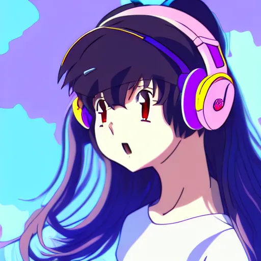 Image similar to An anime character's head wearing retro headphones. 90s anime, Sailor Moon, Neon Genesis, official art, flat cell shading, fantastic screenshot art, trending on artstation, muted nostalgic colors