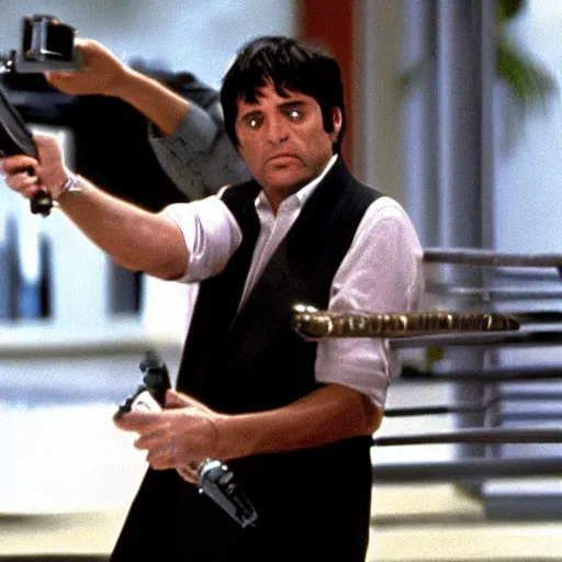 Prompt: film still of George Costanza as Tony Montana in Scarface