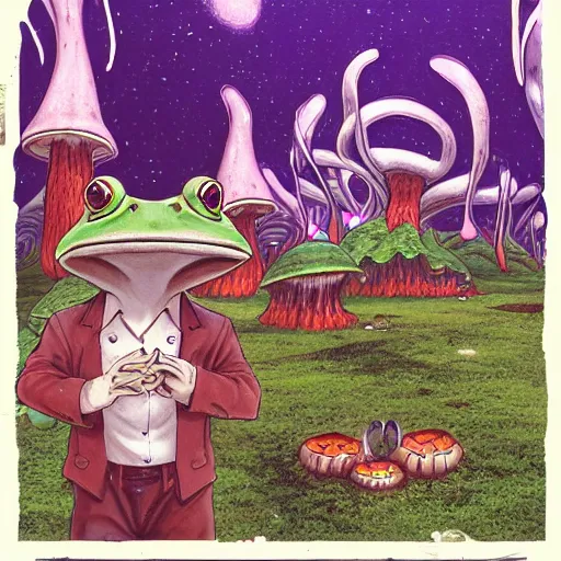 Image similar to A centered chest up portrait of a psychedelic demonic anthropomorphic frog smoking a hand-rolled cigarette smoking heavily , magic mushroom village in background . award winning. superb resolution. in the art style of junji Ito and greg rutkowski . Detailed Mushroom city in background. Hyper realistic anime. Perfect art. Dalle2