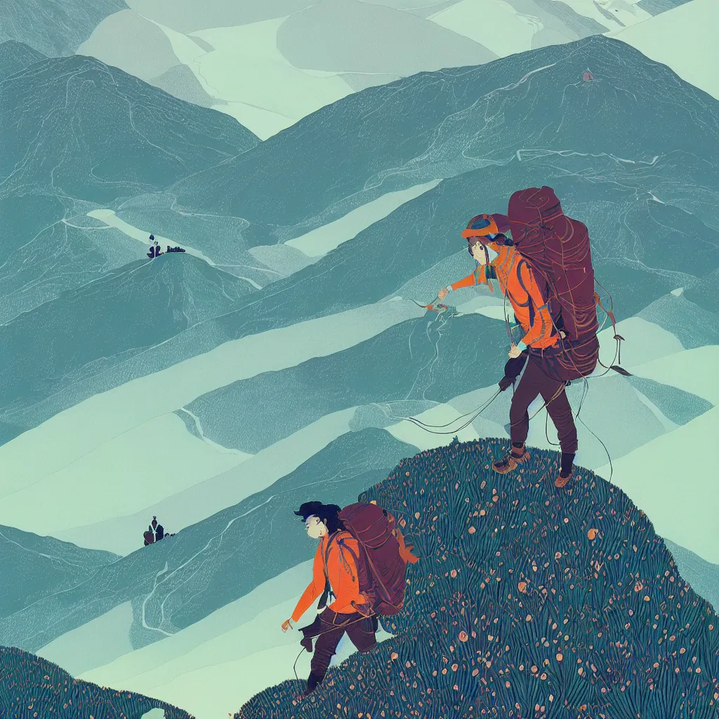 Prompt: backpacker on ridgeline in mountains by victo ngai